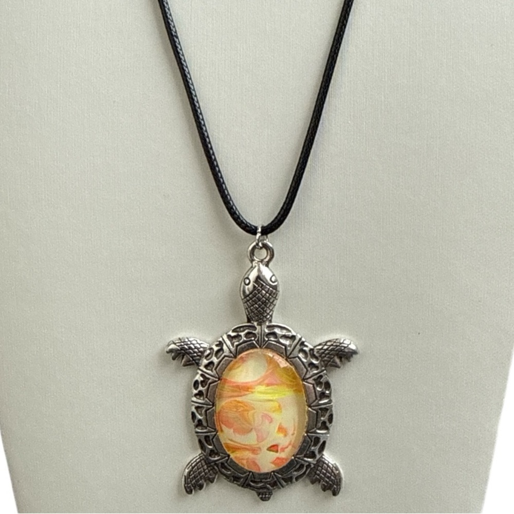 Hand Crafted Sea Turtle Necklace Orange Yellow Cream Fluid Art Pendant Size OS - Picture 3 of 9